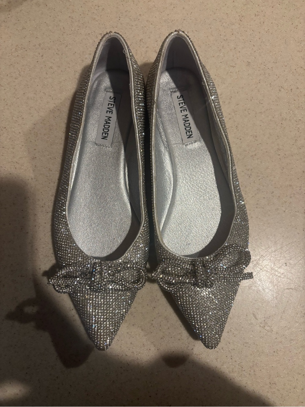 Steve Madden Silver Crystal Bow Pointed Flats with Rhinestone Detail - Picture 2 of 5